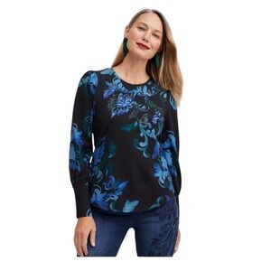 CHICO'S Size 2 US L Scroll Print Embellished‎ Top Bishop Sleeves Blue/Black